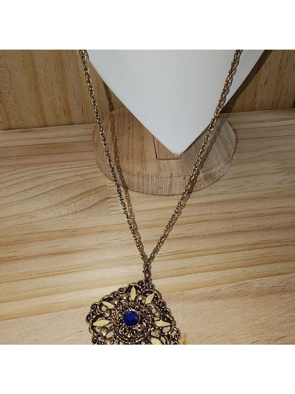 Gold and Blue Pendant Necklace 38" - Picture 4 of 6